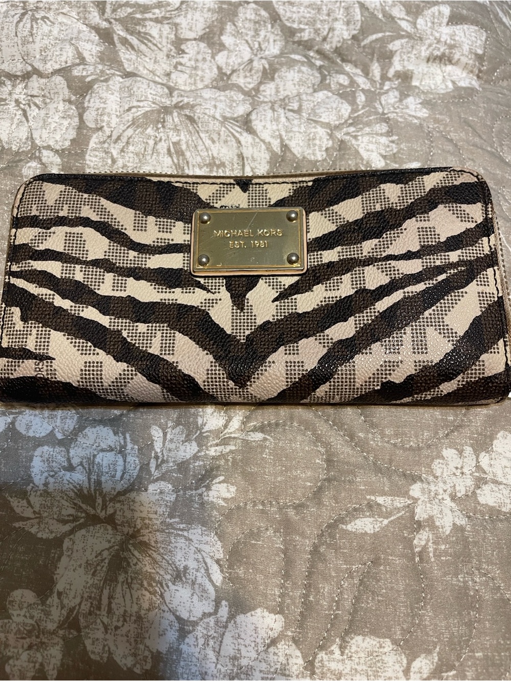 Michael Kors Zebra-Print Continental Wallet in Beige and Brown with Gold Plate